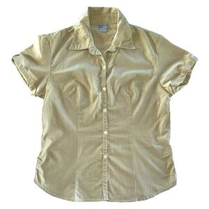 Quizz Stretch Tan & White Gingham Button Down Top Blouse Shirt Women’s Medium